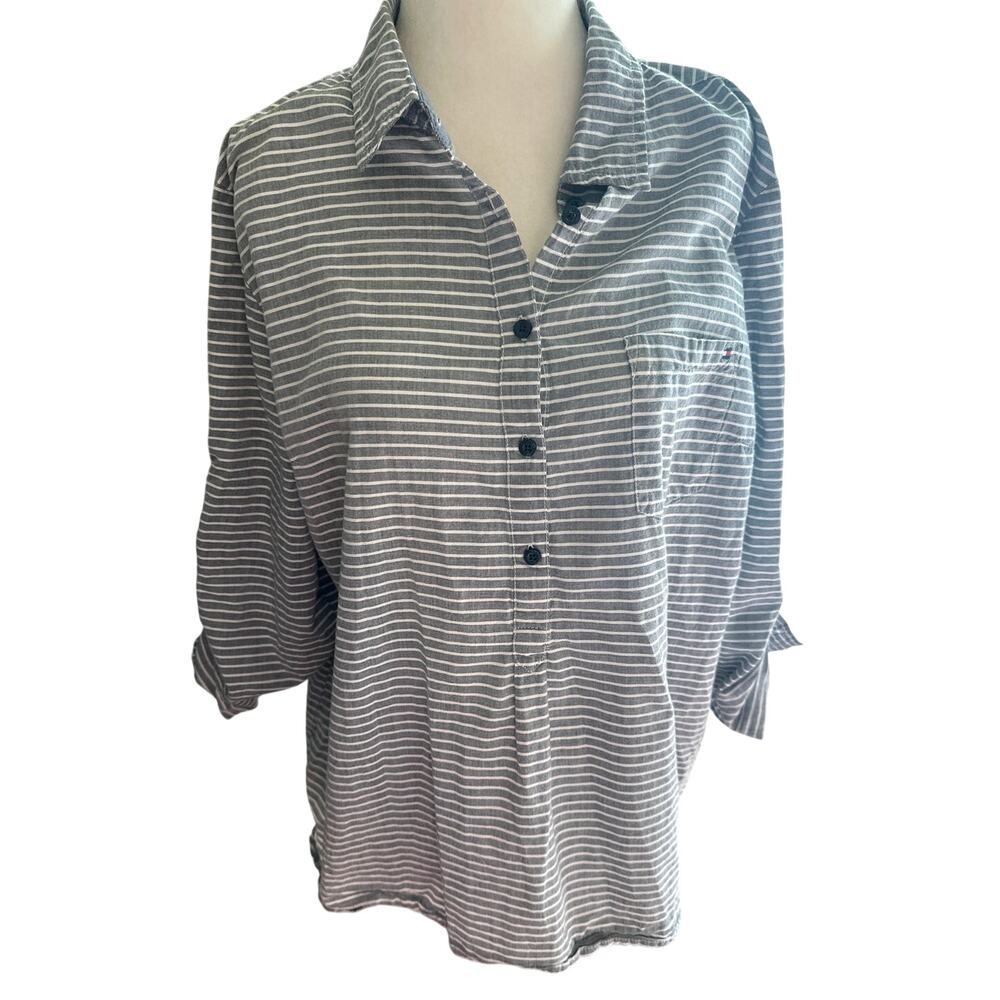 Tommy Hilfiger Gray Stripe Button Front Shirt Roll Up Sleeves XL Cotton